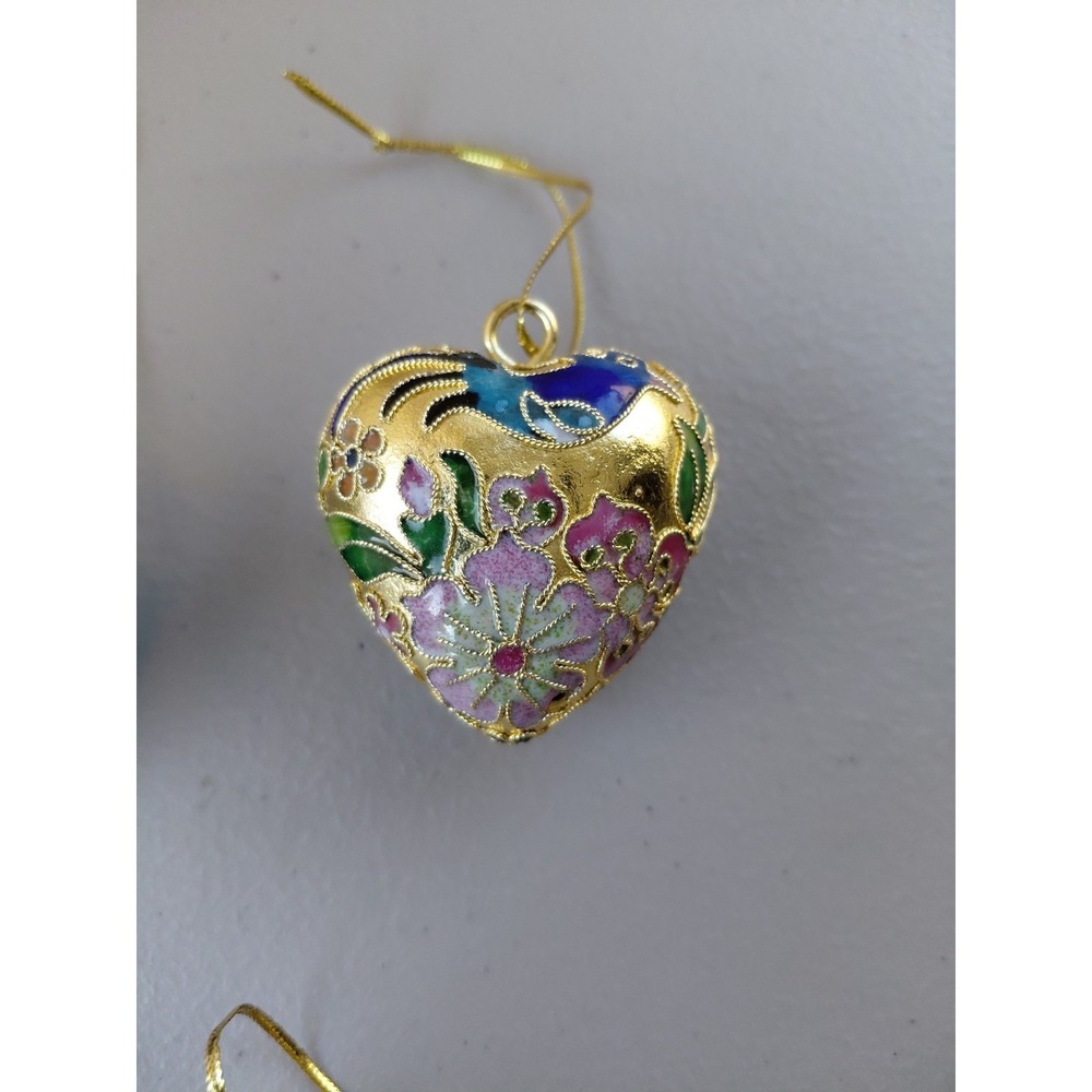 3 Vintage Cloisonne Puffy Heart Ornament Enamel & Filigree Flower Floral Pattern - Picture 3 of 6